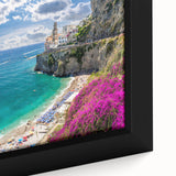 Textured black wall art of Amalfi Coast with colorful accents on a large framed canvas, ideal for living room decor.