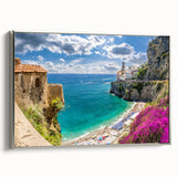 Framed canvas depicting a vintage-style landscape of the Amalfi Coast in vibrant colors.