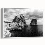 Vintage poster art of Capri, Italy, featuring vibrant colors on a large framed canvas, suitable for living room decor.