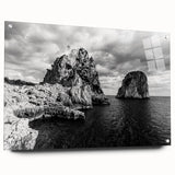 Acrylic print of Capri, Italy, featuring vibrant blues and greens, ideal for dining room decor.