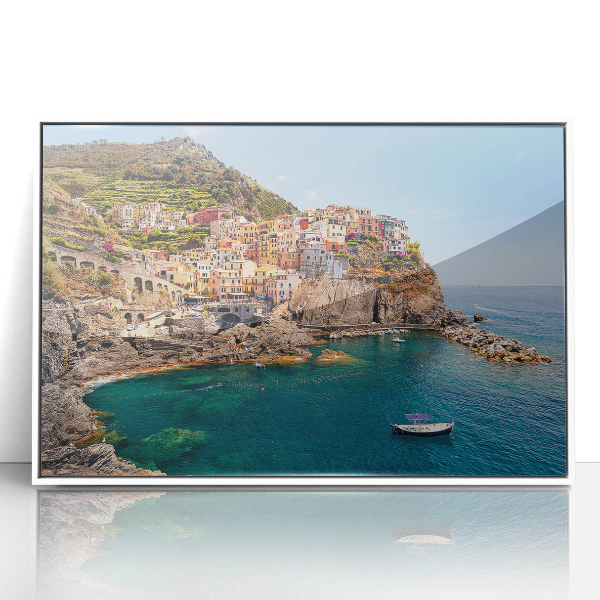 Mid-century modernist art of Cinque Terre with rich blue and pastel tones on a framed acrylic, suitable for nursery wall art.