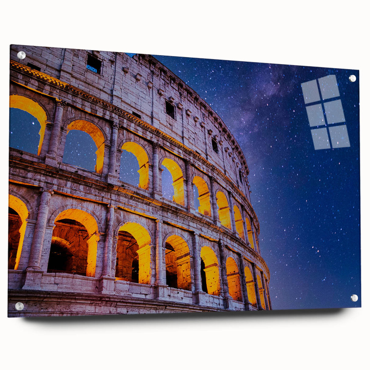 Acrylic print of the Colosseum in Rome with muted earth tones, ideal for dining room decor.