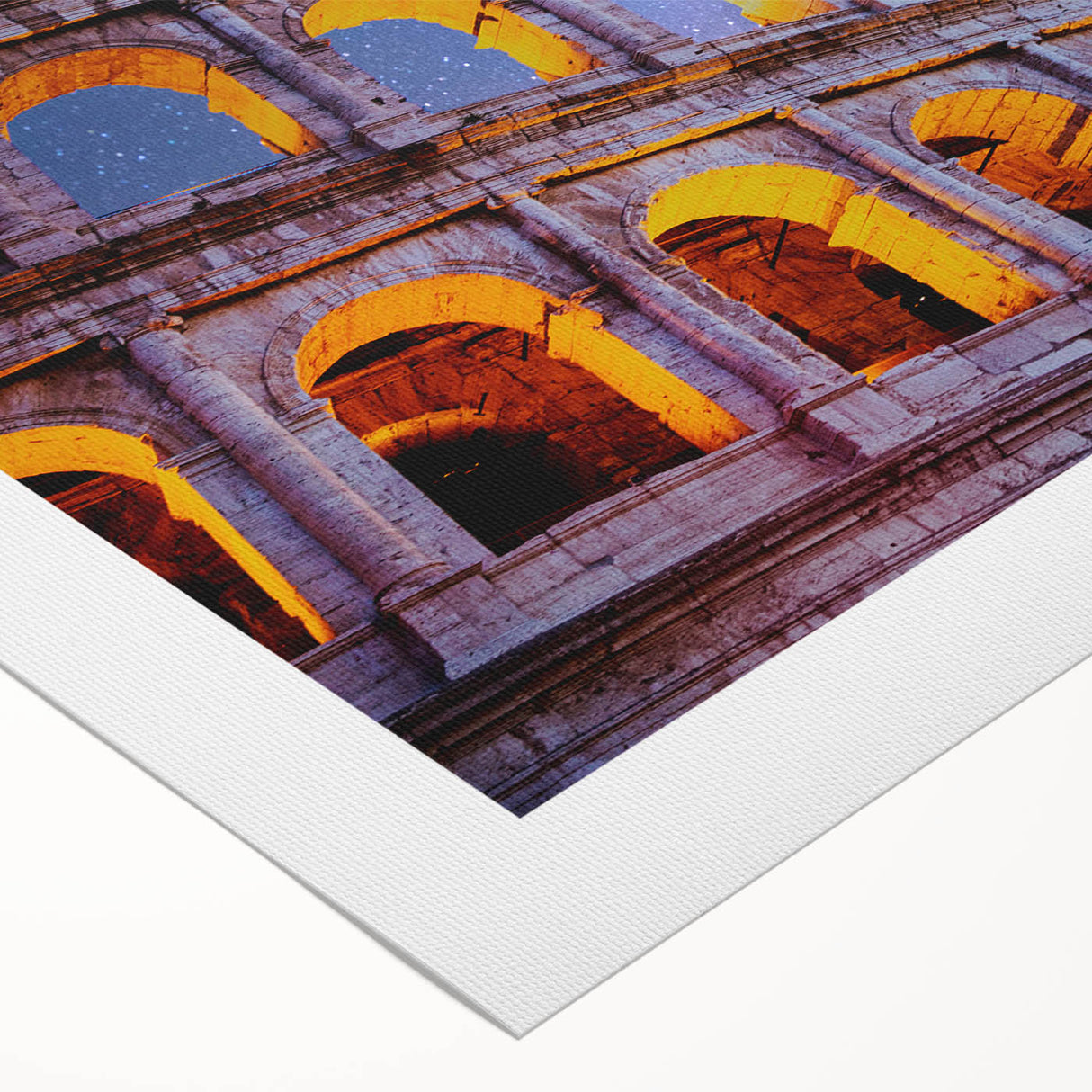 Art deco poster of the Colosseum in muted sepia tones on rolled canvas, suitable for dining room decor.