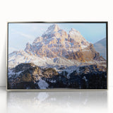 Large art print of Dolomites in Italy, depicted in mid-century modernist style with muted earth tones.