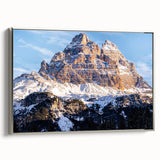 Framed canvas landscape art painting depicting the Dolomites in Italy, featuring muted earth tones.