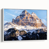 Vintage poster art of the Dolomites in Italy on framed canvas, featuring colorful artwork against a black background.