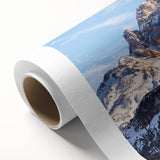 Art deco poster of the Dolomites in Italy, featuring muted earth tones on rolled canvas, ideal for nursery wall art.