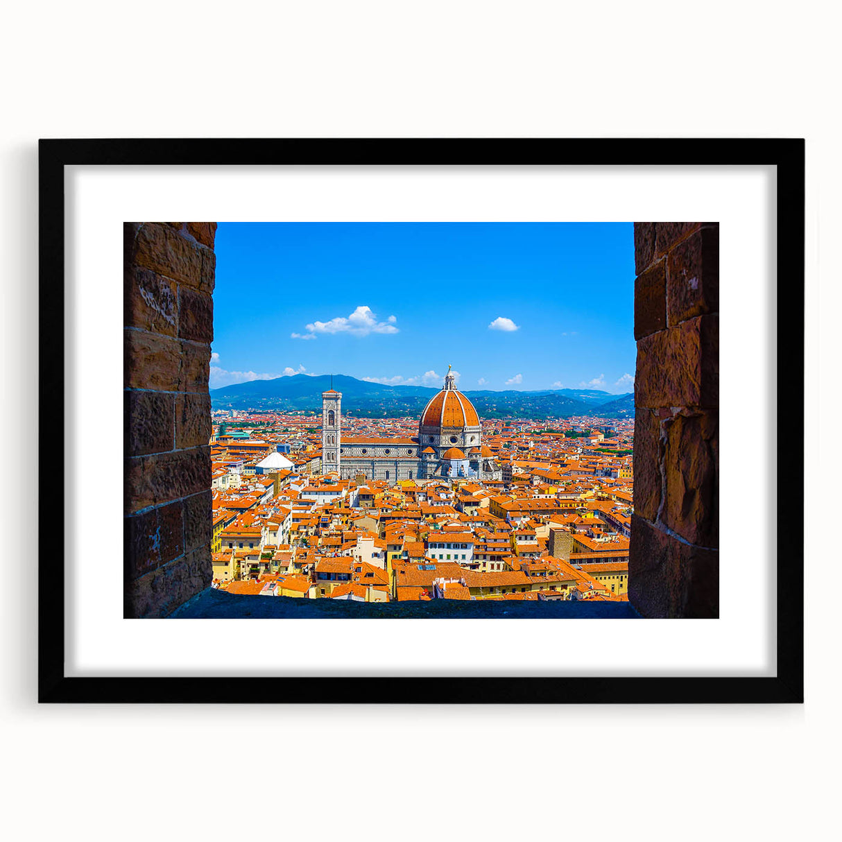 Extra large abstract art print of Florence scenery in vibrant colors on textured canvas, framed in black.