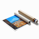Rolled print of Florence scenery with soft floral elements in muted colors, ideal for classy bathroom wall art.