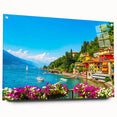 Acrylic print of Lake Como with vivid blue and green tones, ideal for dining room or bedroom decor.