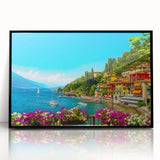 Large abstract wall art of Lake Como with muted blues and greens, framed in black acrylic.
