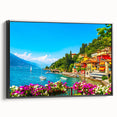 Black and white framed canvas of Lake Como landscape, in a vintage poster art style, suitable for bedroom decor.