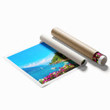 Extra large rolled print of Lake Como with floral elements in soft pastel shades, ideal for classy bathroom wall art.