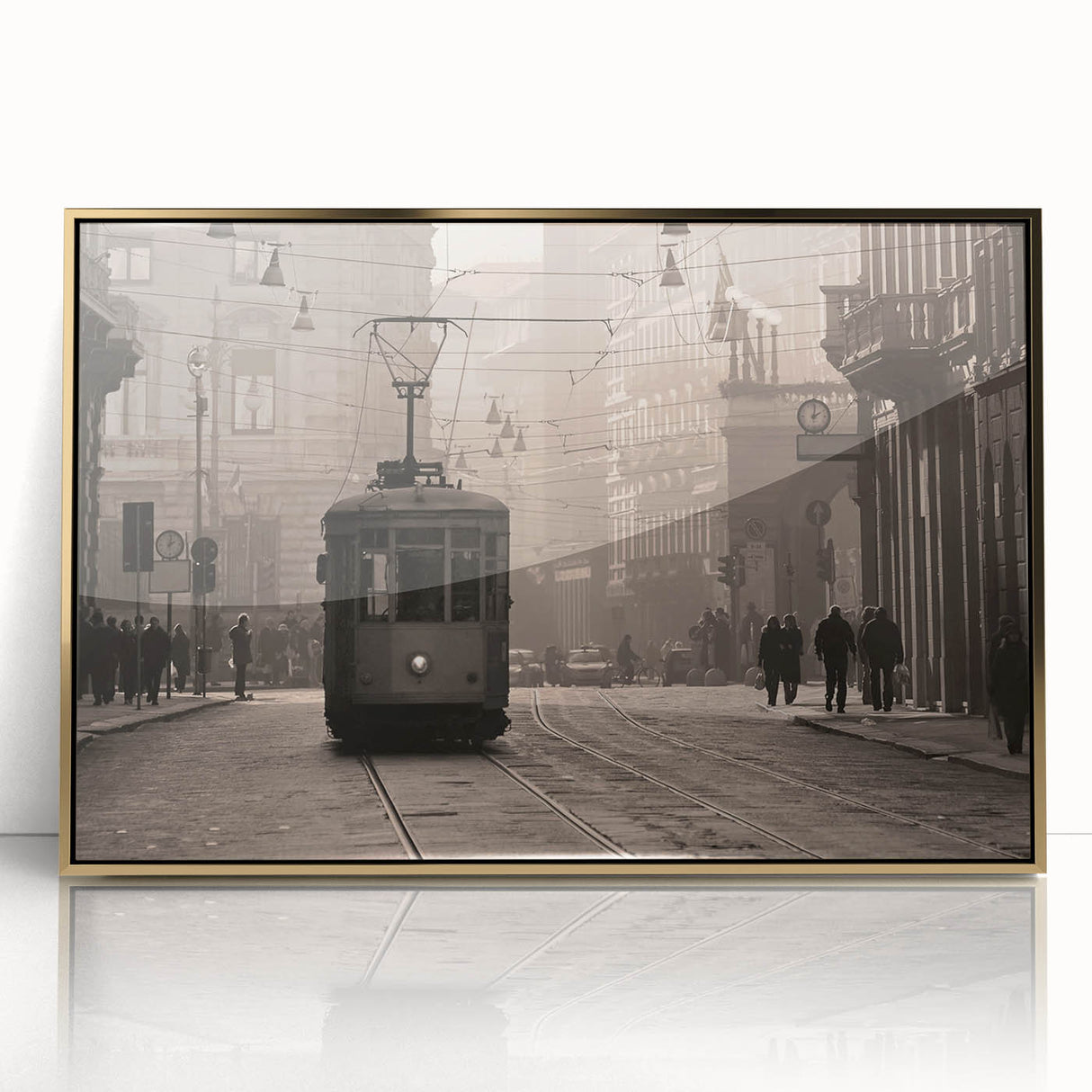 Art Deco poster of Milan scenery on acrylic, framed in gold, featuring muted earth tones, ideal for modern art wall decor.