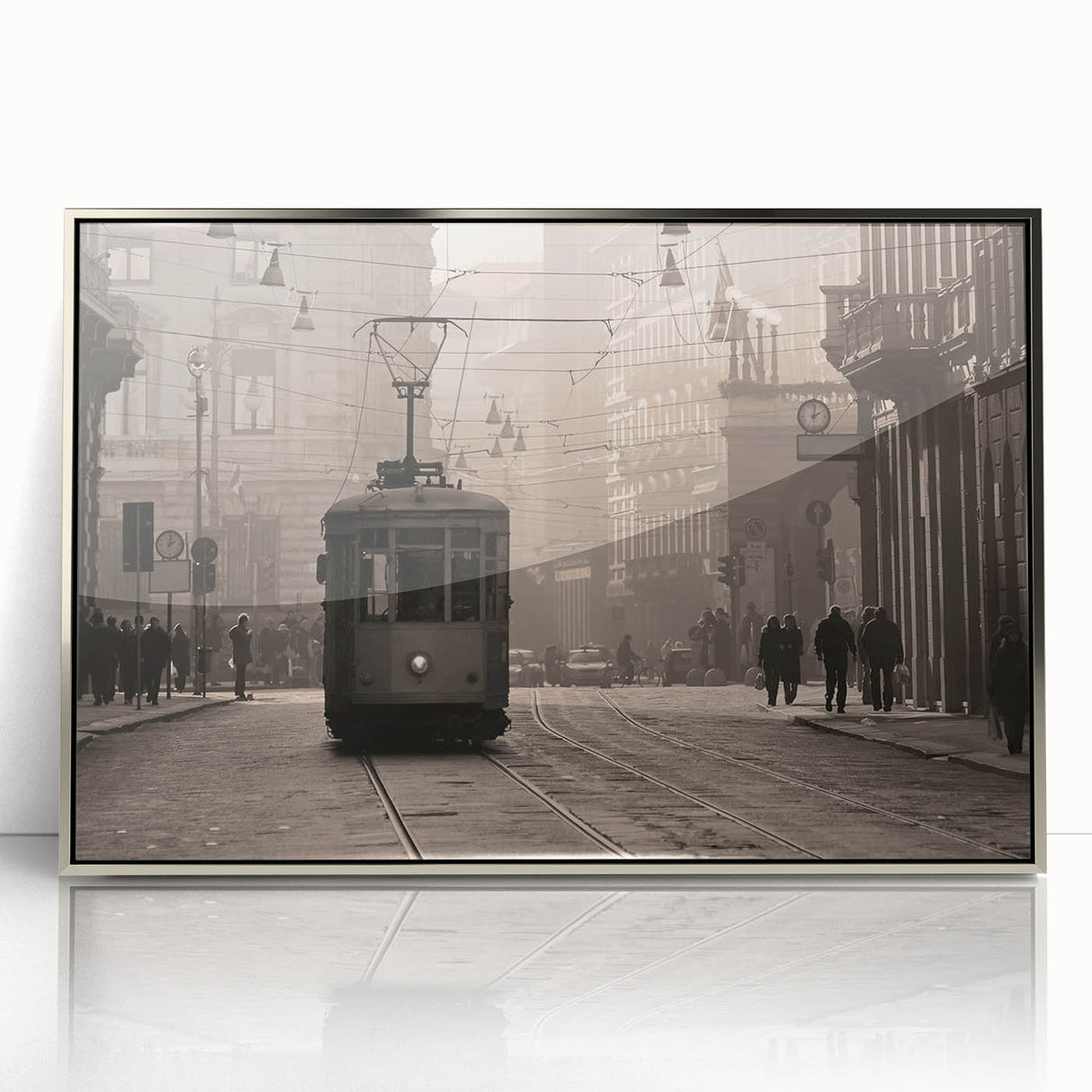 Large art print of Milan scenery in muted earth tones on silver-framed acrylic, suitable for modern art wall decor.