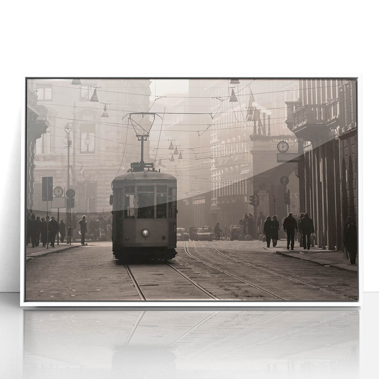 Mid-century modernist art of Milan scenery in muted earth tones on a framed acrylic, ideal for nursery wall art.