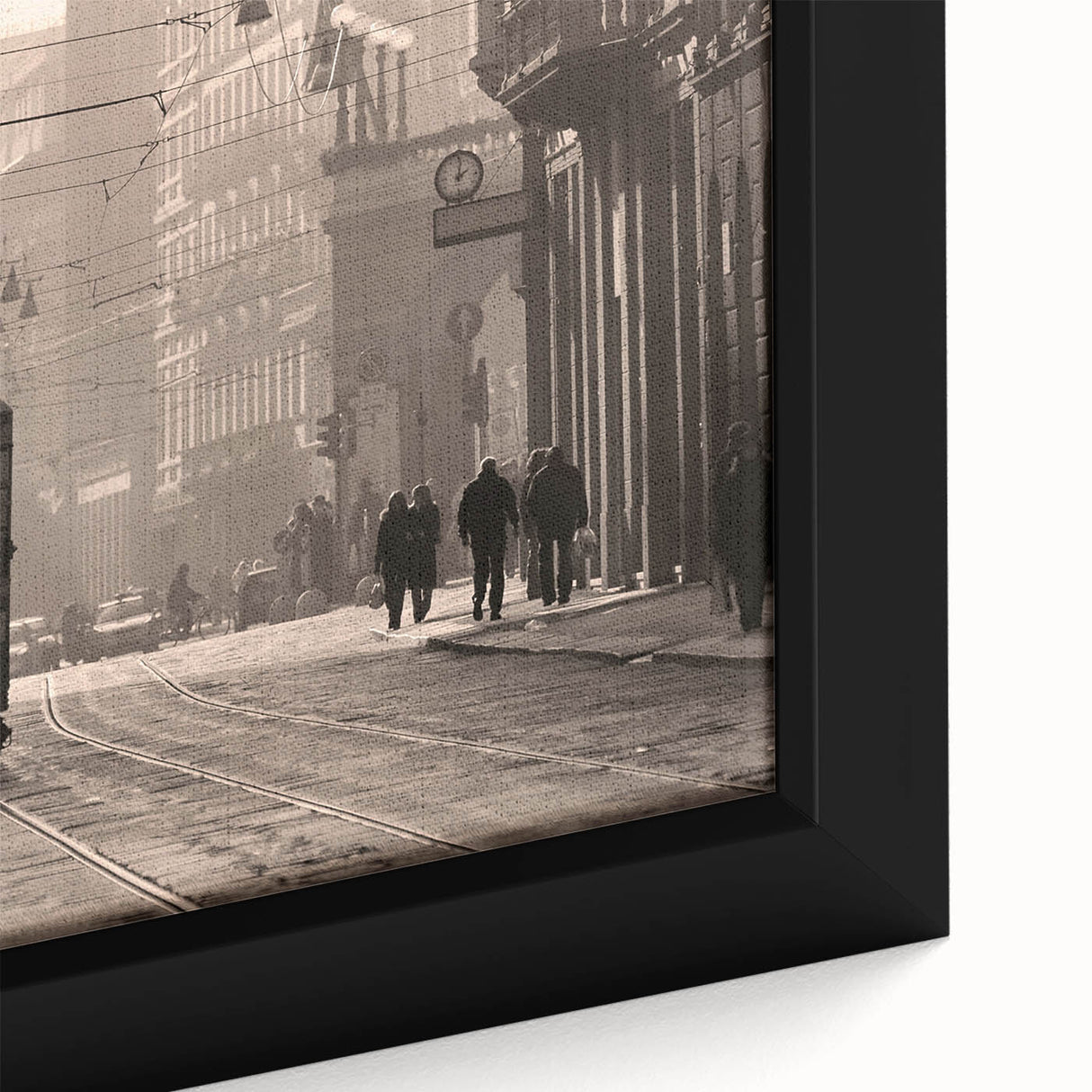 Extra large black wall art depicting a textured Milan scenery in colorful art style, ideal for living room decor.