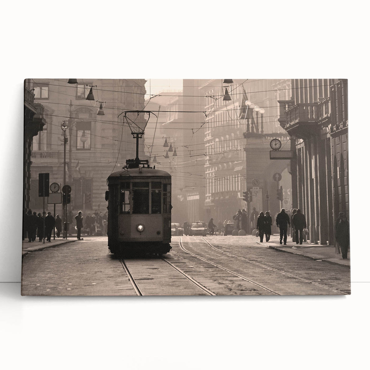 Black and white photograph of Milan scenery on large stretched canvas, suitable as kitchen wall art.