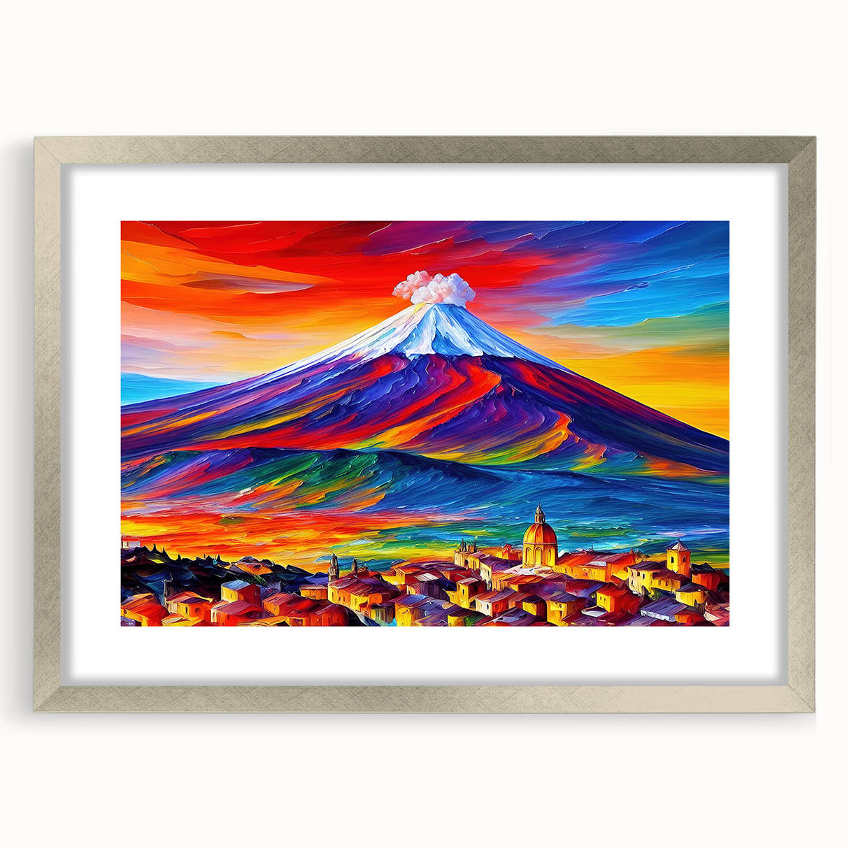 Extra large abstract art print of Mount Etna, featuring textured gray and blue tones on a silver-framed canvas.