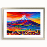 Extra large abstract art print of Mount Etna, featuring textured gray and blue tones on a silver-framed canvas.