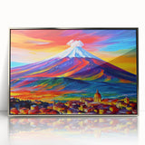 Large art print of Mount Etna in muted earth tones, framed in silver acrylic, suitable for modern art wall decor.