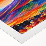 Art deco poster of Mount Etna in muted earth tones on rolled canvas, suitable for dining room decor.