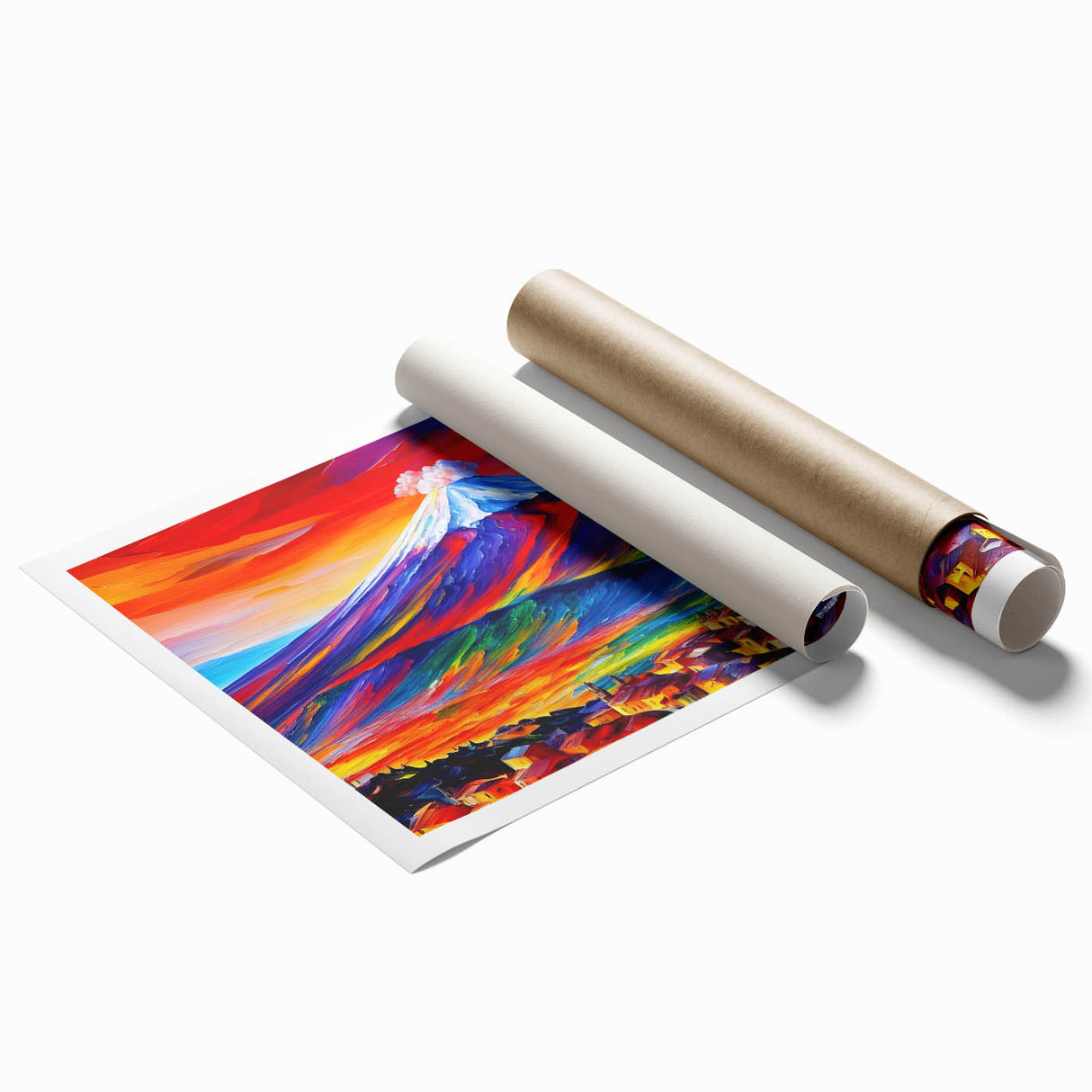 Extra large rolled print of Mount Etna with vibrant floral foreground, ideal for classy bathroom wall art.