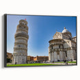 Black and white framed canvas of the Leaning Tower of Pisa in a vintage poster style, ideal for bedroom wall decor.