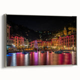 Framed canvas landscape art painting of Portofino, Italy, featuring vibrant colors and vintage poster style.