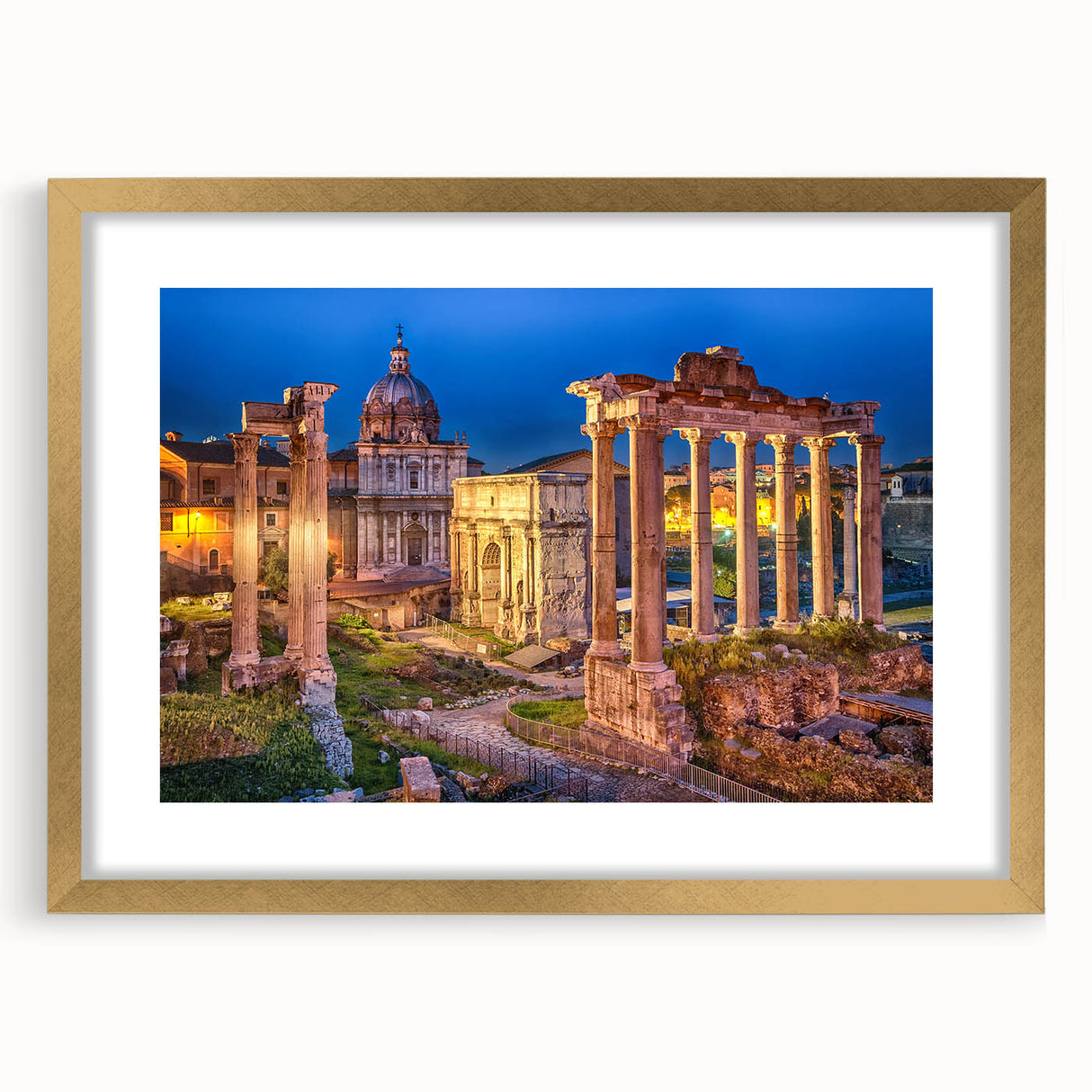 Abstract art print of Rome's skyline in muted gold and blue tones on a framed canvas, suitable for dining room decor.