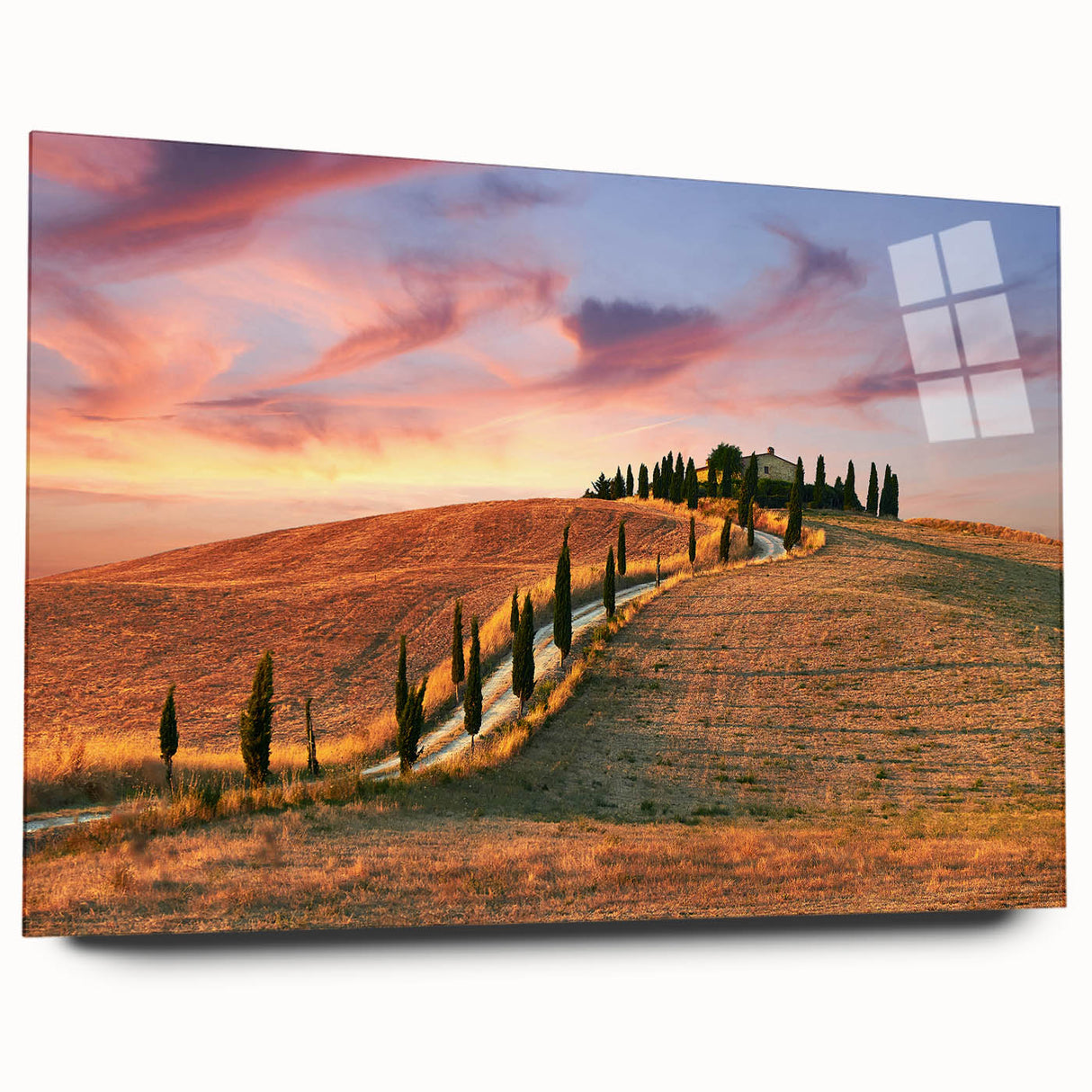 Acrylic print of a Tuscan landscape in earth tones, ideal for bedroom or dining room decor.