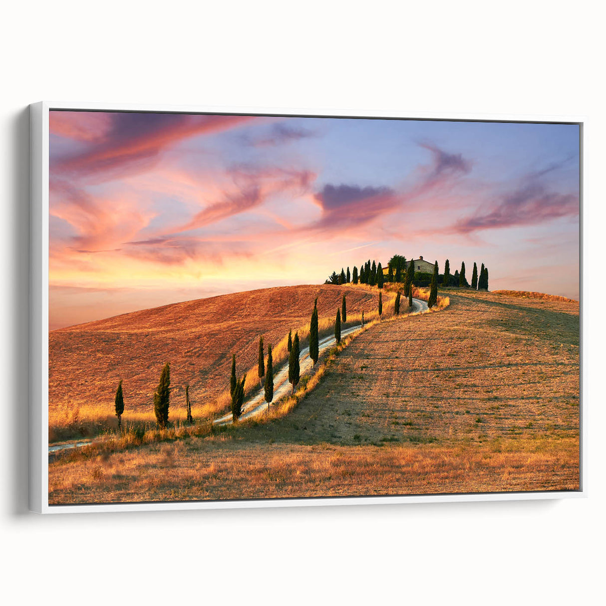 Vintage poster art of Tuscany landscape on framed canvas, featuring vibrant greens and blues, ideal for living room decor.