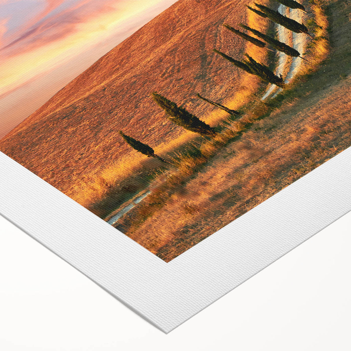 Art deco poster of Tuscany landscape on rolled canvas, featuring muted earth tones, ideal for dining room wall art.