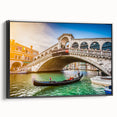 Black and white framed canvas of Venice landscape, featuring vintage poster art style, ideal for bedroom wall decor.