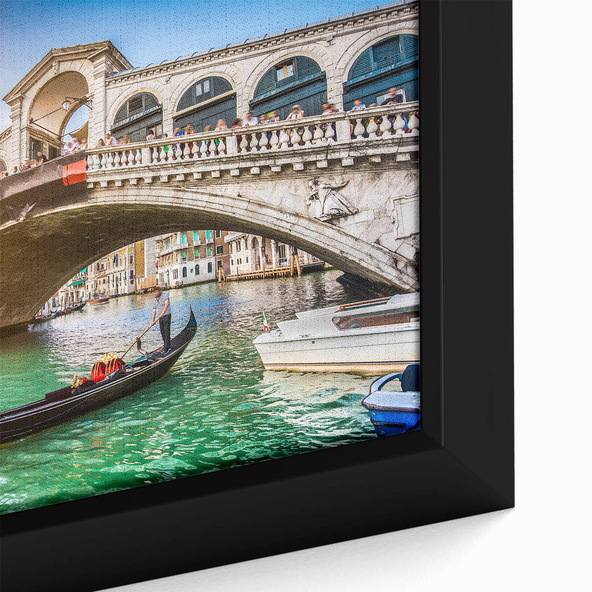 Extra large framed canvas of a textured Venice scenery in black with colorful accents, ideal for living room decor.