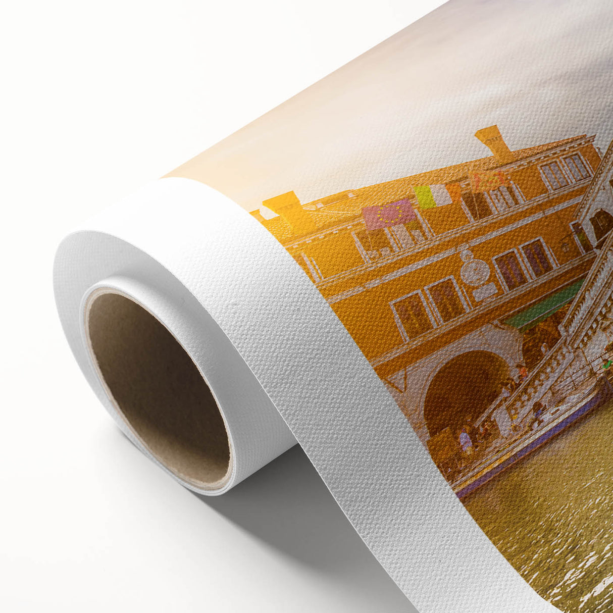 Art Deco poster of Venice scenery on rolled canvas, using muted earth tones, ideal for nursery wall art or dining room.
