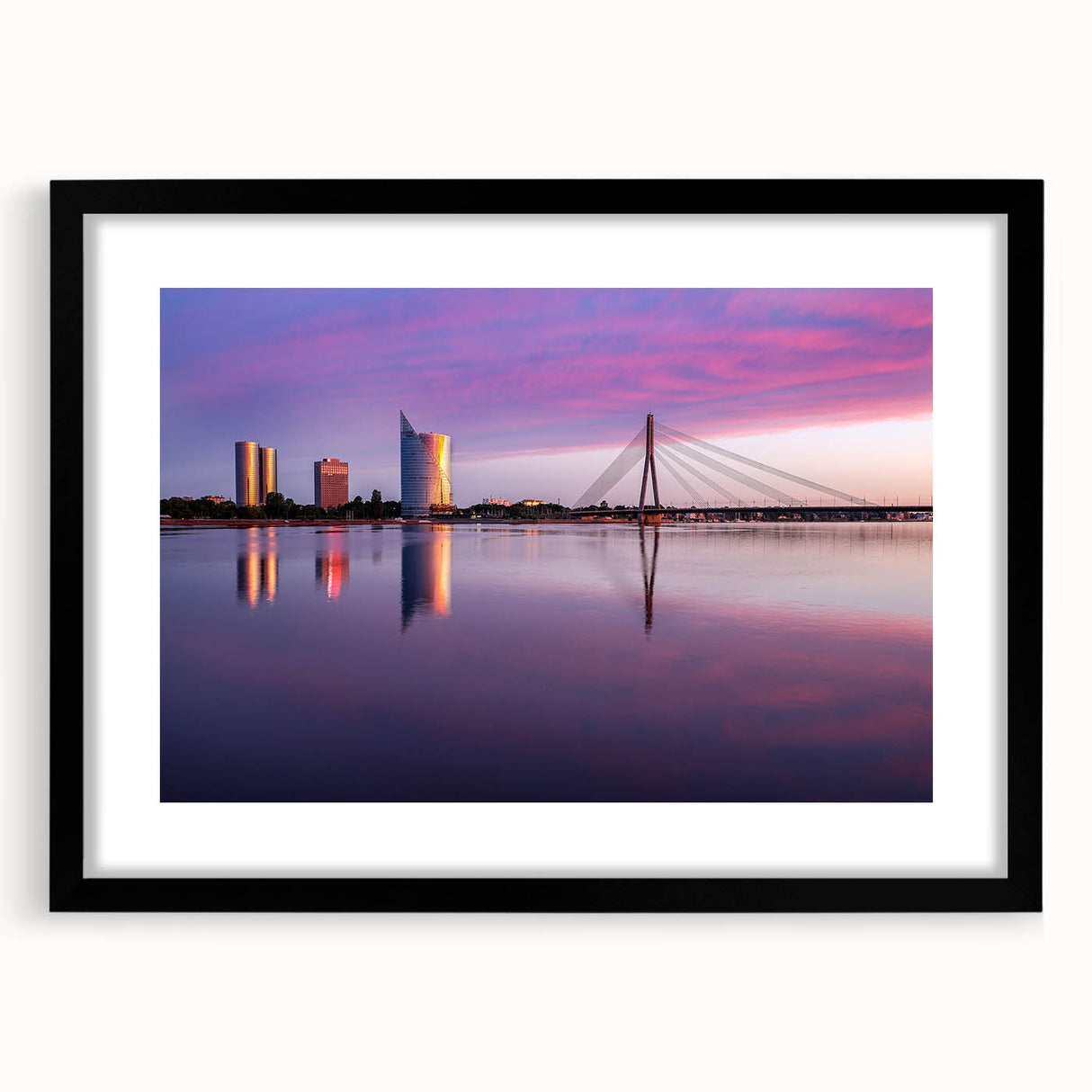 Colorful abstract art print of a European scenery in Latvia, framed in black with a textured finish.