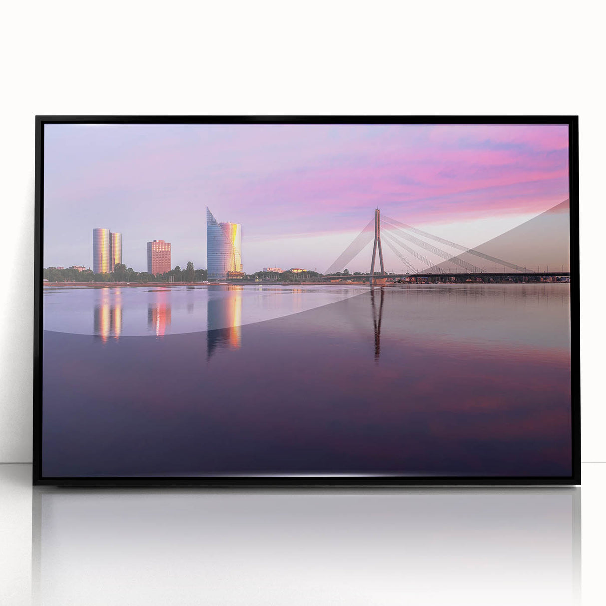 Large abstract wall art featuring a mid-century modernist Latvian landscape in acrylic, framed in black.