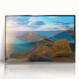 Large acrylic print of a European Malta scenery in muted earth tones, framed in silver, suitable for modern art wall decor.