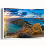 Vintage poster art of a Malta landscape in vibrant colors on a framed canvas, ideal for living room decor.