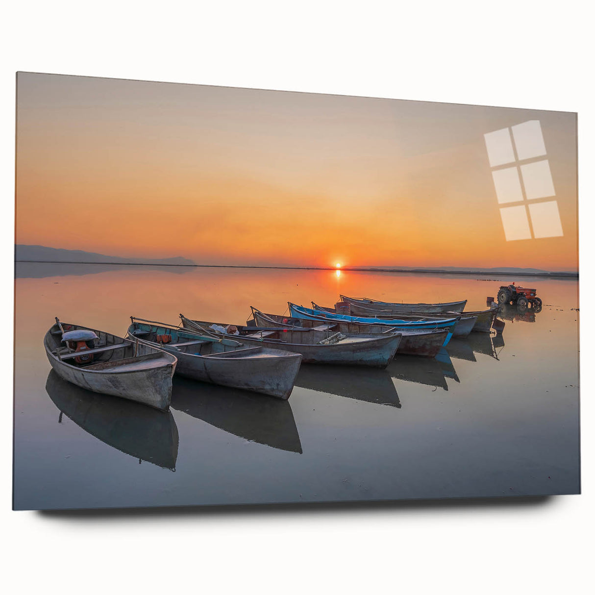 Large abstract depiction of the Mediterranean Sea in blue and white tones on acrylic glass.