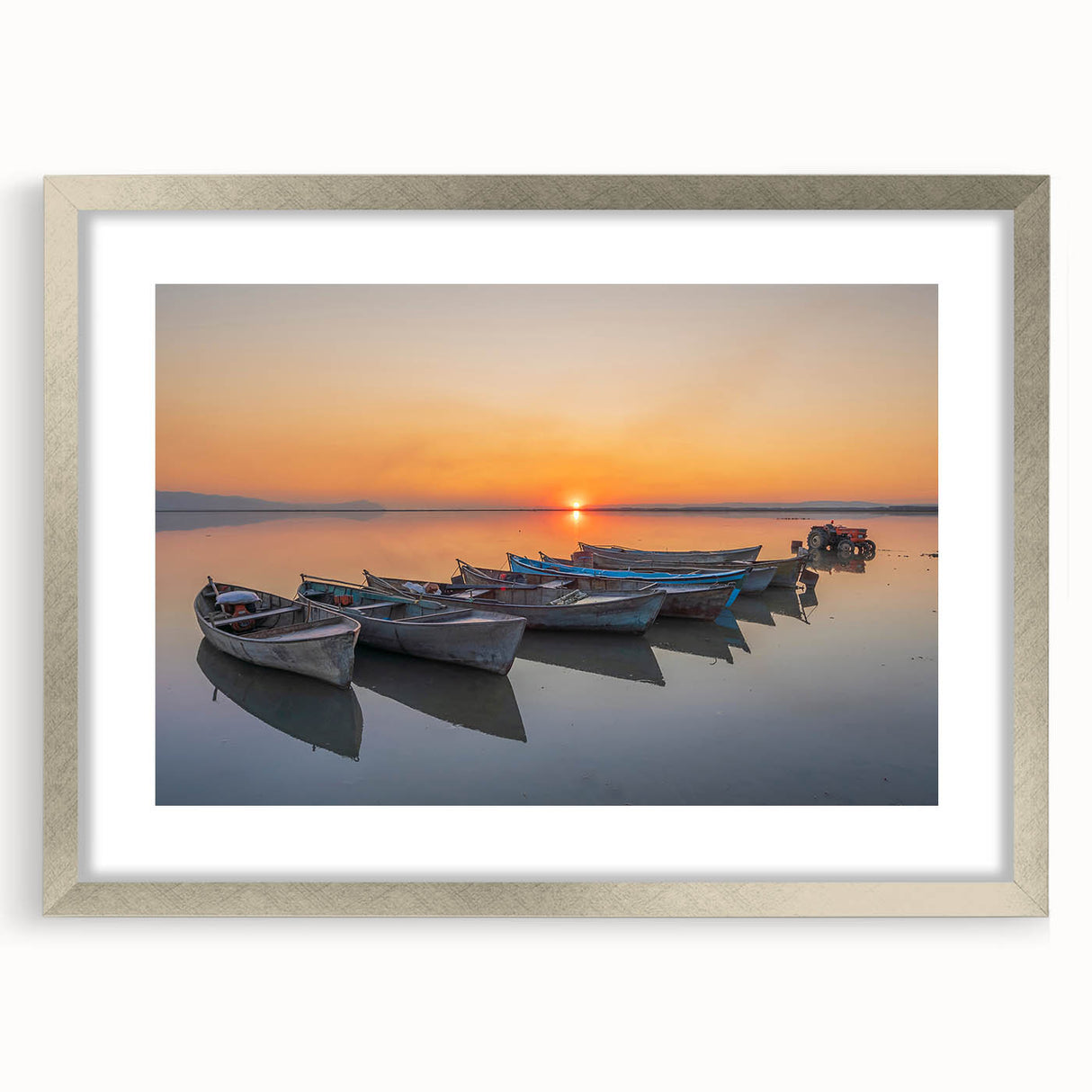 Extra large abstract art print of the Mediterranean Sea in textured shades of blue and white, framed in silver.