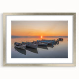 Extra large abstract art print of the Mediterranean Sea in textured shades of blue and white, framed in silver.