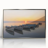 Large framed acrylic print of a calm Mediterranean Sea scene in muted blue and silver tones, ideal for modern art wall decor.