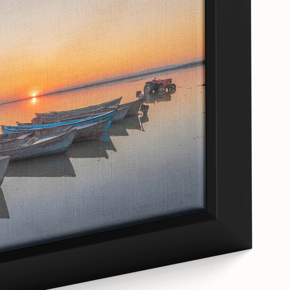 Black framed canvas depicting a textured Mediterranean seascape with colorful art.