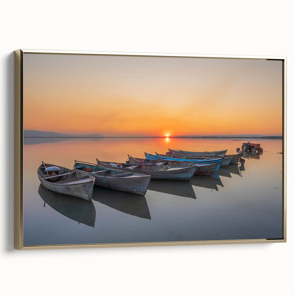 Framed canvas landscape art of the Mediterranean Sea in muted gold and black tones, suited for bedroom ambiance.