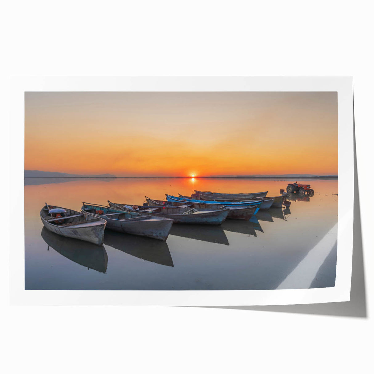 Extra large rolled print of a Mediterranean seaside scene in vibrant blue and white tones.