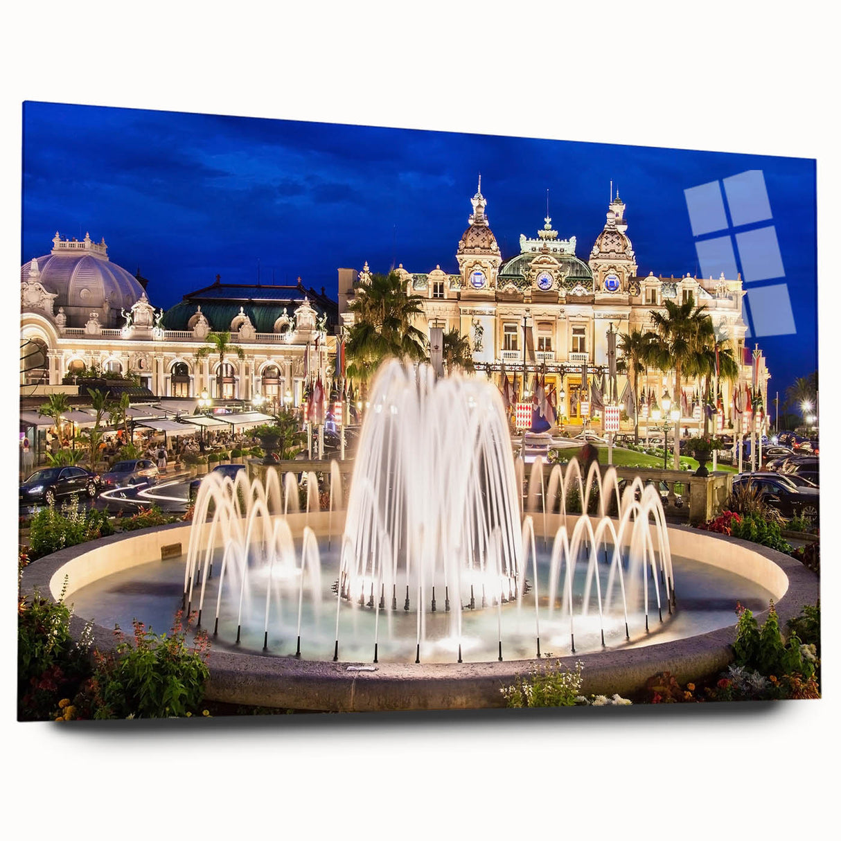 Large abstract wall art of Monaco scenery in muted blue and gray hues on acrylic glass.
