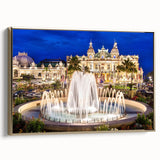 Framed canvas featuring a vintage-style landscape painting of Monaco with black and gold tones, ideal for bedroom wall decor.