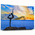 Large abstract wall art of a Montenegro scenery on acrylic glass, in muted blue and green tones, ideal for dining room decor.